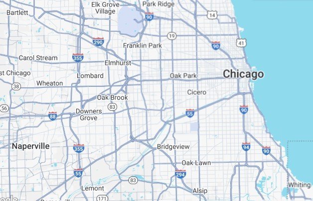 Map showing Chicago and surrounding suburbs service area